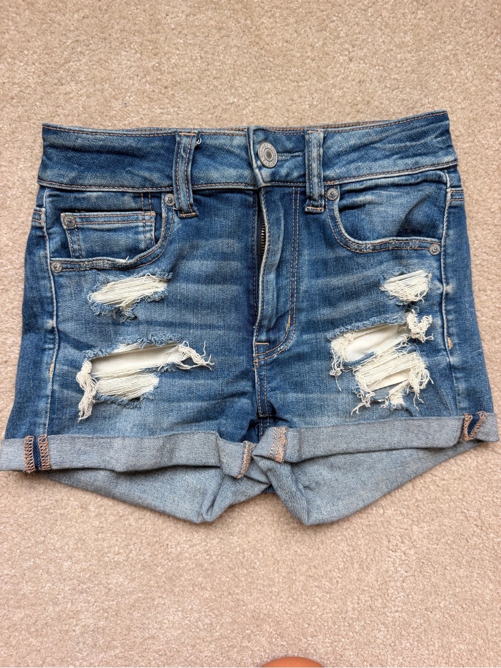 American Eagle Outfitters Distressed Dark Blue Rolled-Hem Denim Shorts